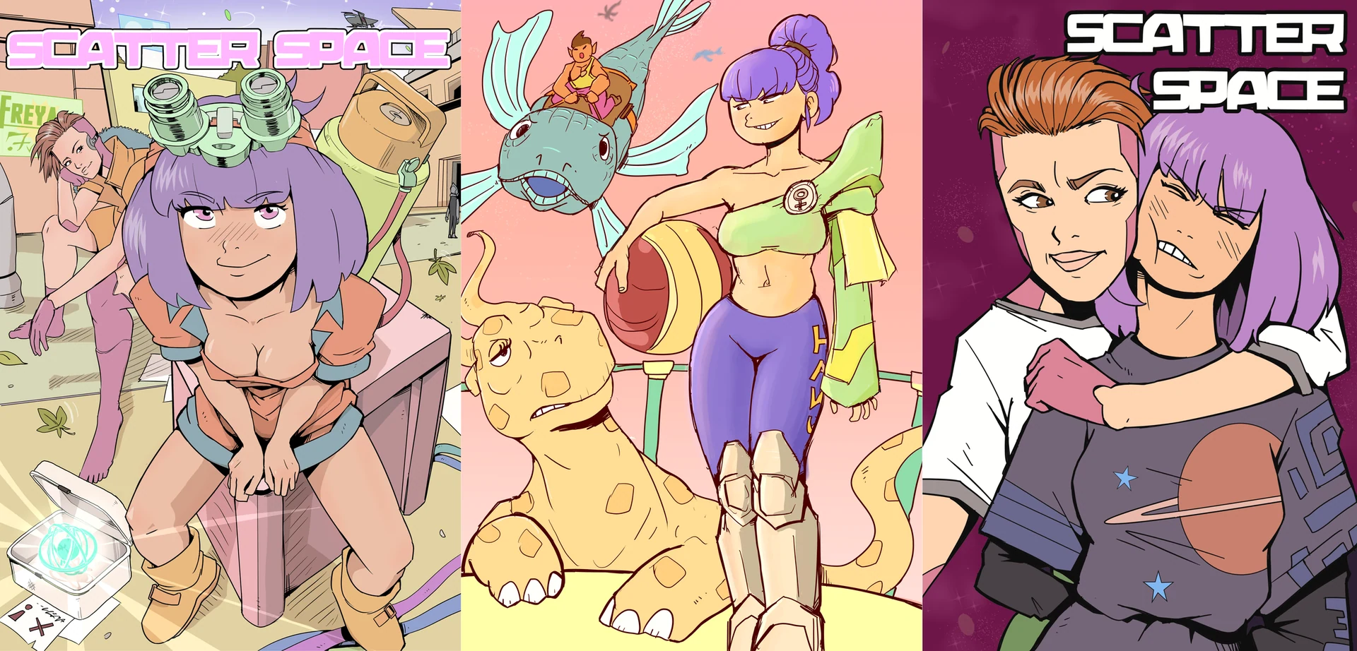 Original Scatter Space comic artwork: a colorful alien city